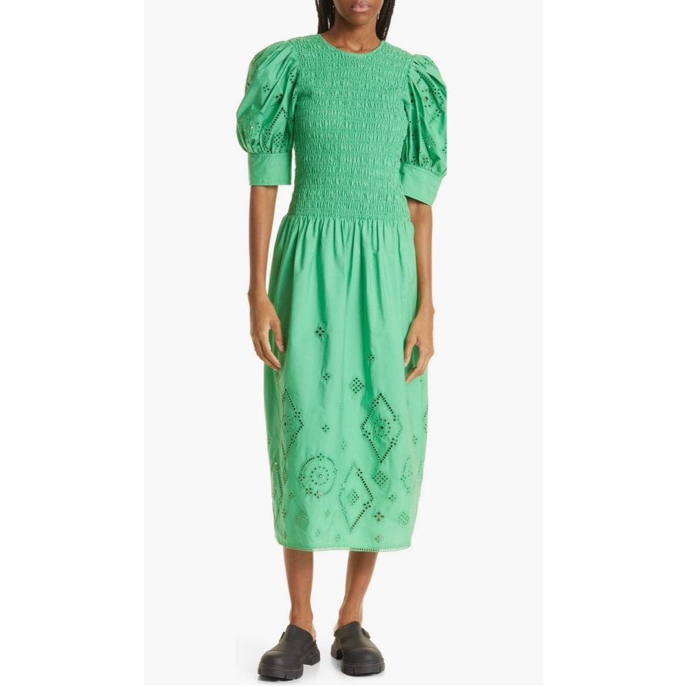 Ganni green puff cotton midi dress